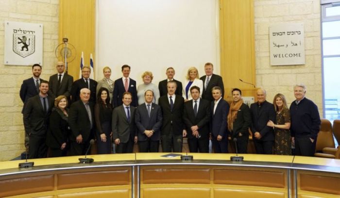 Evangelical leaders from the United States pose for a picture with Jerusalem Mayor Nir Barkat after their meeting in Jerusalem, Israel on Feb. 18, 2018.