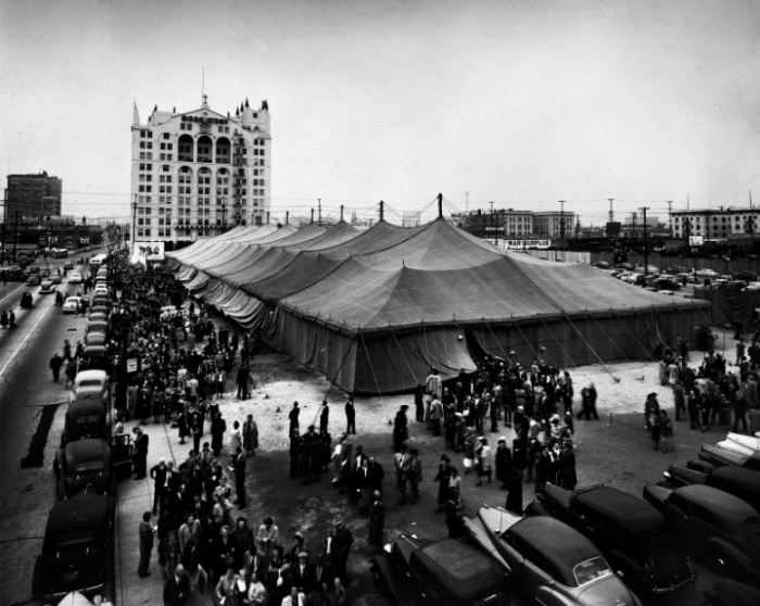 Crowds gather outside the 'canvas cathedral' at the 1949 Billy Graham Crusade in Los Angeles where some 350,000 people heard Graham preach.