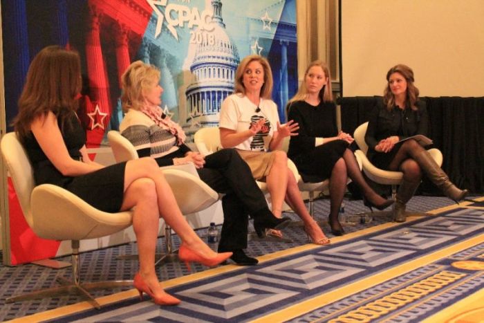 Holly Harris, executive director of the U.S. Justice Action Network, speaks during a breakout session at the 2018 Conservative Political Action Conference at the Gaylord National Resort and Convention Center in Oxon Hill, Maryland on Feb. 23, 2018. From left to right: Jackie Anderson from the American Conservative Union; Kathleen Dennehy, former head of the Massachusetts Department of Corrections; Harris; Jessica Jackson Sloan, mayor of Mill Valley, California; and Kate Trammel, senior state campaign manager for Prison Fellowship.