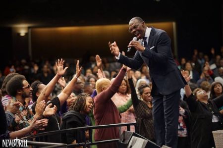 Bishop Stephen A. Davis ministers at New Birth Missionary Baptist Church in Lithonia, Georgia.