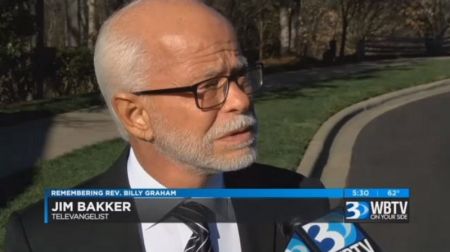 Jim Bakker speaking with WBTV about Billy Graham in Charlotte on February 27, 2018.