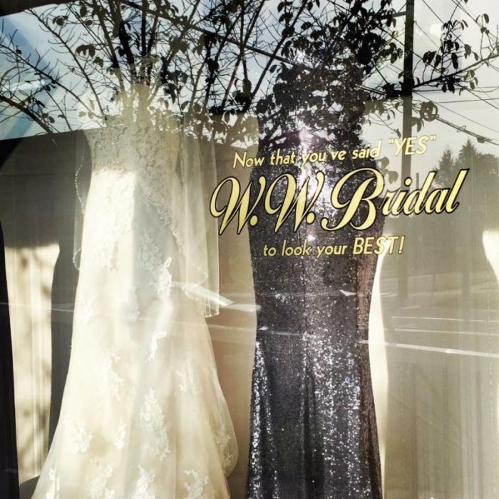 Dresses sit on display in the front window of the W.W. Bridal shop on Market Street in Bloomsburg, Pennsylvania on Sept. 11, 2017.