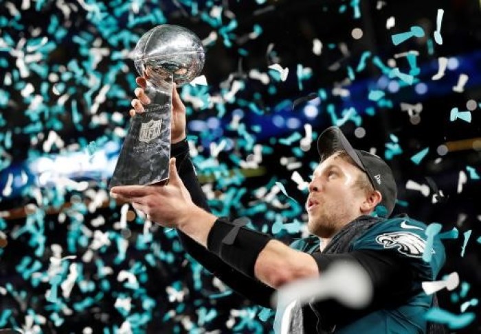 Philadelphia Eagles Nick Foles celebrates with the Vince Lombardi Trophy after winning Super Bowl LII.