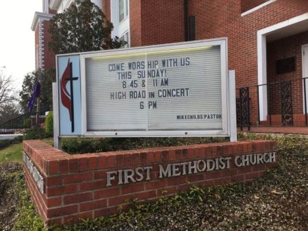 An information display sits out front of First United Methodist Church of Louisville, Mississippi on March 17, 2017.