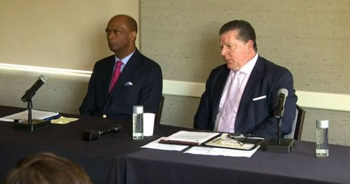 Kirbyjon Caldwell, senior pastor at Windsor Village United Methodist Church in Houston (left), with his attorney, Dan Cogdell (right), at a press conference held on the morning of Friday, March 30, 2018.