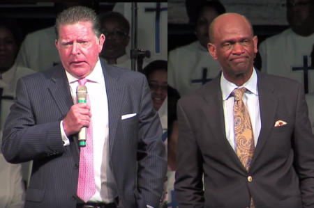 Kirbyjon Caldwell (R), senior pastor at the 15,000-member Windsor Village United Methodist Church in Houston, Texas, and his personal attorney Dan Cogdell address members on Sunday April 1, 2018.