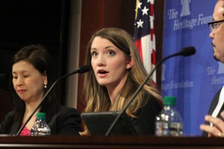 Birth mother and teacher Kelly Clemente of Virginia speaks at the Heritage Foundation's headquarters in Washington, D.C. on April 9, 2018.