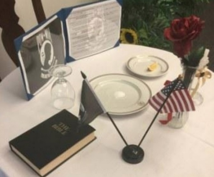 This 'Missing Man' exhibit on display at a U.S. Naval Hospital in Okinawa, Japan was the subject of an April 2018 complaint from the Military Religious Freedom Foundation.