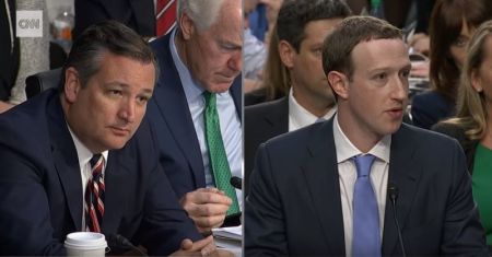 Senator Ted Cruz of Texas (left) asking Facebook CEO Mark Zuckerberg (right) questions regarding alleged political bias at the social media site during Zuckerberg's testimony before the U.S. Senate on Tuesday, April 10, 2018.