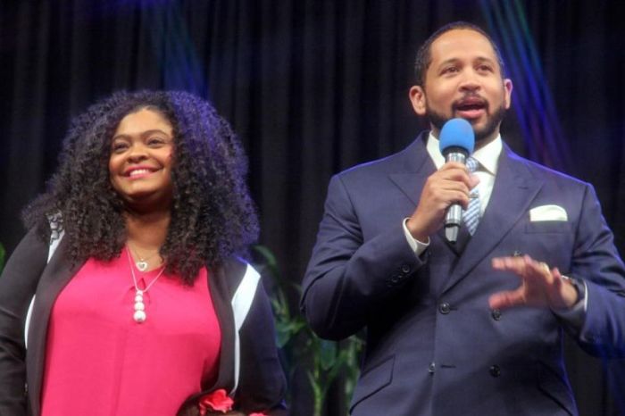 Pastor Fred Price Jr. (R) and his wife Angel (L) are expected to return to the helm of the Los Angeles-based Crenshaw Christian Center July 2018.