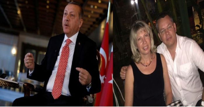 L: Turkish President Tayyip Erdogan attends an interview with Reuters at the Presidential Palace in Ankara, Turkey, April 25, 2017. R: Pastor Andrew Brunson and his wife, Norine.