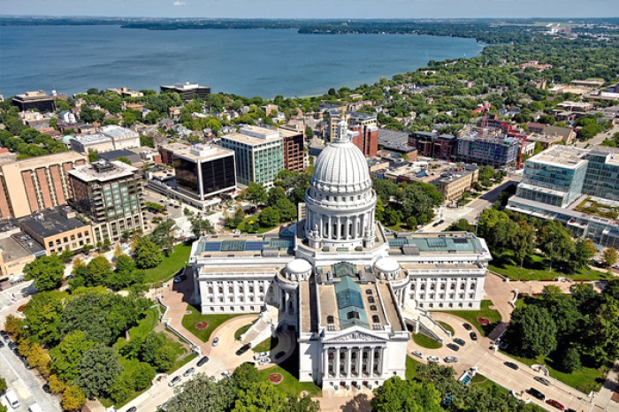 An aerial view of the downtown area of Madison, Wisconsin.