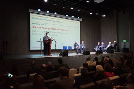 His Holiness Ignatius Mor Aphrem II addresses the GCF on 25 April 2018, Bogotá, Colombia, speaking of the His Eminence Metropolitan Mor Gregorious Yohanna Ibrahim on the fifth anniversary of his abduction.