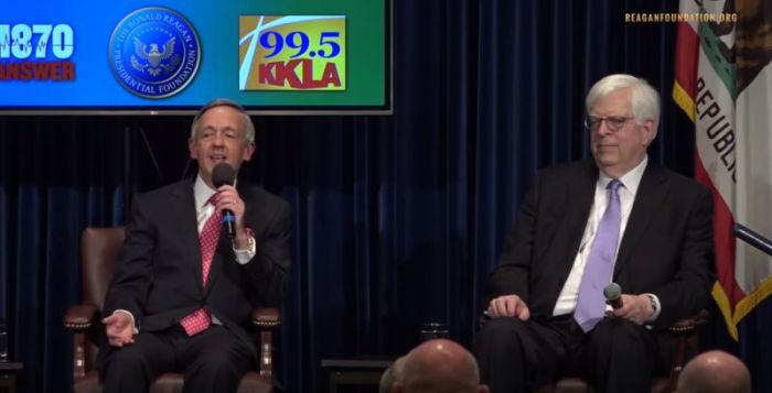 Robert Jeffress (left), senior pastor of First Baptist Church of Dallas, and Dennis Prager (right), writer and nationally syndicated conservative radio personality, discuss matters of faith at the 'Ask a Jew, Ask a Gentile' event hosted by the Ronald Reagan Presidential Foundation and Institute in Simi Valley, California, on Sunday, April 29, 2018.