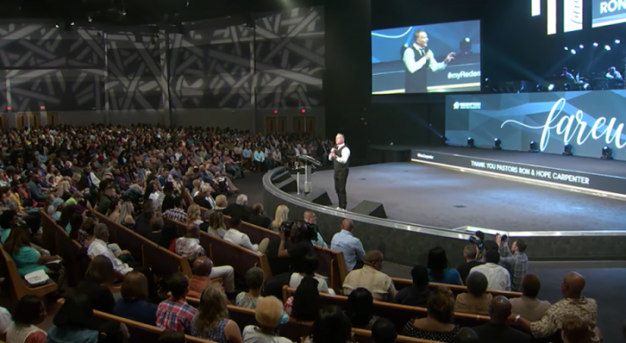 Pastor Ron Carpenter preaches his final message at Redemption Church in South Carolina, May 6, 2018.