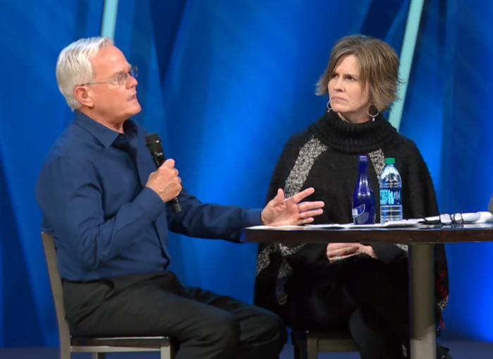 Pam Orr, chair of Willow Creek Community Church's elder board in suburban Chicago listens as Bill Hybels, the church's founder defends himself against multiple sexual misconduct allegations on March 26, 2018.