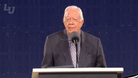 Former President Jimmy Carter speaking at Liberty University in Virginia on May 19, 2018.