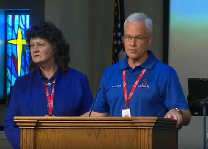 Jeff Naber, a chaplain with the Billy Graham Rapid Response Team department of the Billy Graham Evangelistic Association, giving remarks at Arcadia First Baptist Church of Santa Fe, Texas on Sunday, May 20, 2018.