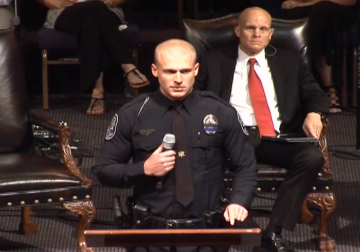 Katelyn Self's fiancé Officer Alex Burns of the Gastonia Police Department remembers her at her memorial service on Sunday June 10, 2018 at the First Assembly of God in Gastonia, N.C. Pastor Austin Rammell of Venture Church in Dallas, N.C., looks on.