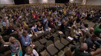 Messengers at the Southern Baptist Convention annual meeting vote on an amendment during a session held on Tuesday, June 12, 2018 in Dallas, Texas.