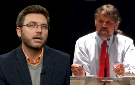 Thomas Littleton (R), a veteran Southern Baptist Conference pastor and reporter for conservative news outlet BarbWire, said he was 'physically handled' by Brent Leatherwood (L), the ERLC's director of strategic partnerships, at the SBC conference in Dallas, Texas, on June 13, 2018.