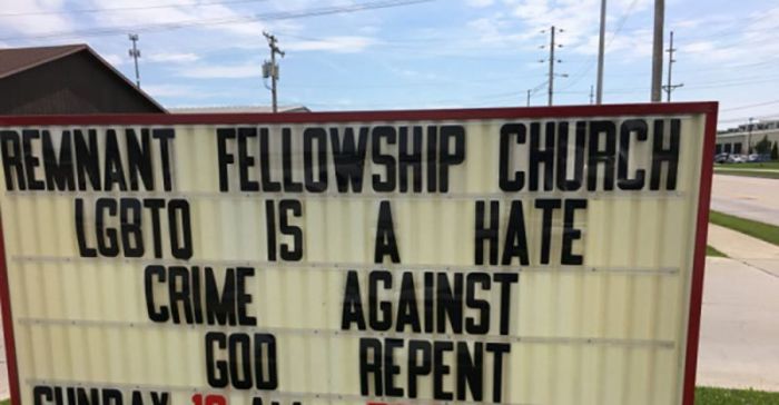 A controversial sign out front of the Remnant Fellowship Church in Auburn, Indiana, reads: 'LGBTQ is a hate crime against God.' The photo was uploaded to Facebook on June 26, 2018.