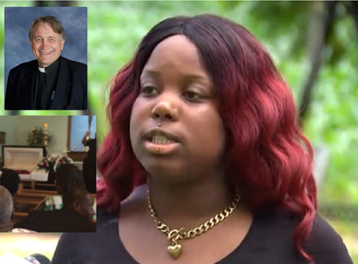 Shanice Chisely says Fr. Michael Briese (Top - L) told her family to 'get the hell out' of the Saint Mary Catholic Church in Charlotte Hall, Md., after some accidentally knocked over a sacred chalice.