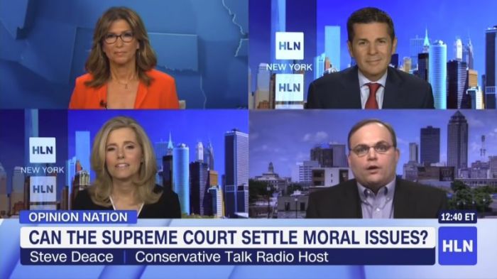 Steve Deace (lower right corner) responds to Dean Obeidalla (upper right corner) during an HLN panel segment on July 6, 2018.