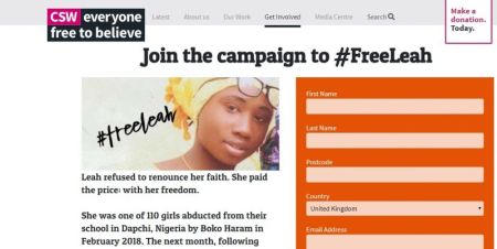 Leah Sharibu campaign by Christian Solidarity Worldwide in July 2018 calling for the Christian girl's freedom.