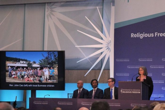 Jamie Powell, the wife of imprisoned Chinese pastor John Cao, speaks at the United States State Department's first-ever Ministerial to Advance Religious Freedom.