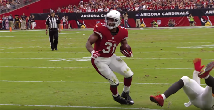 The Arizona Cardinals' David Johnson cradles the football in his hand as he rushes upfield against the Tampa Bay Buccaneers