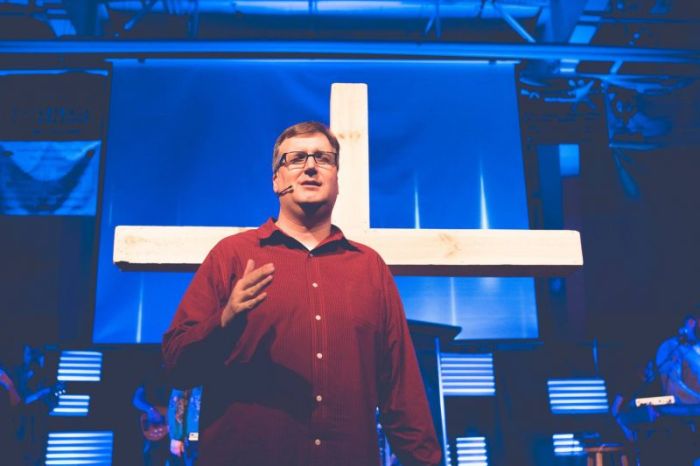 Pastor Scott Blanchard speaks during a service at Lakepointe Church in Macomb, Michigan in November 2017.