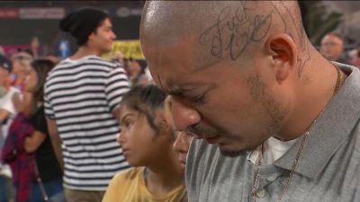 A man professes his faith in Christ at the 2018 Southern California Harvest at Angel Stadium in Anaheim, California on August 17, 2018.