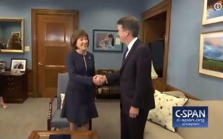 Sen. Susan Collins, R-Maine, meeting with Judge Brett Kavanaugh, President Trump's nominee for the U.S. Supreme Court, in Washington, D.C. on Aug. 21, 2018.