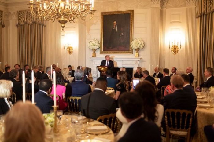 President Donald Trump speaks with evangelical leaders during a dinner at the White House on Aug. 27, 2018.