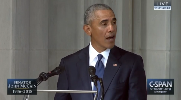 Former President Barack Obama speaking at the funeral of U.S. Sen. John McCain, R-Ariz., Washington National Cathedral, Washington, D.C., September 1, 2018.