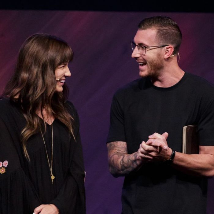 Late Inland Hills lead pastor, Andrew Stoecklein, 30 (R), shares a laugh with his widow Kayla Stoecklein (L) on August 12, 2018.