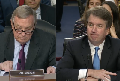 Sen. Dick Durbin D-Ill. (L) and Brett Kavanaugh (R) at the Supreme Court confirmation hearing, Sept. 5, 2018.