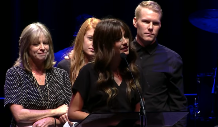 Kayla Stoecklein, wife of late Inland Hills Church pastor Andrew Stoecklein speaks at the the Events Center of California Baptist University in Riverside, Calif., on Saturday, September 8, 2018.