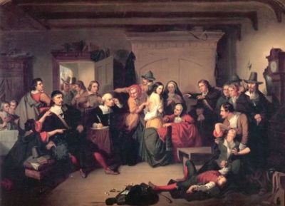 An 1853 painting by Tompkins Harrison Matteson depicting the examination of an alleged witch during the 17th century Salem Witch Trials in colonial Massachusetts.