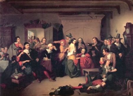 An 1853 painting by Tompkins Harrison Matteson depicting the examination of an alleged witch during the seventeenth century Salem Witch Trials in colonial Massachusetts.