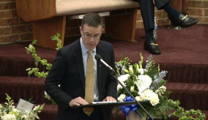 Tim Ryan, US chairman and senior partner at PricewaterhouseCoopers speaks at the memorial service for Botham Shem Jean on Thursday September 13, 2018.