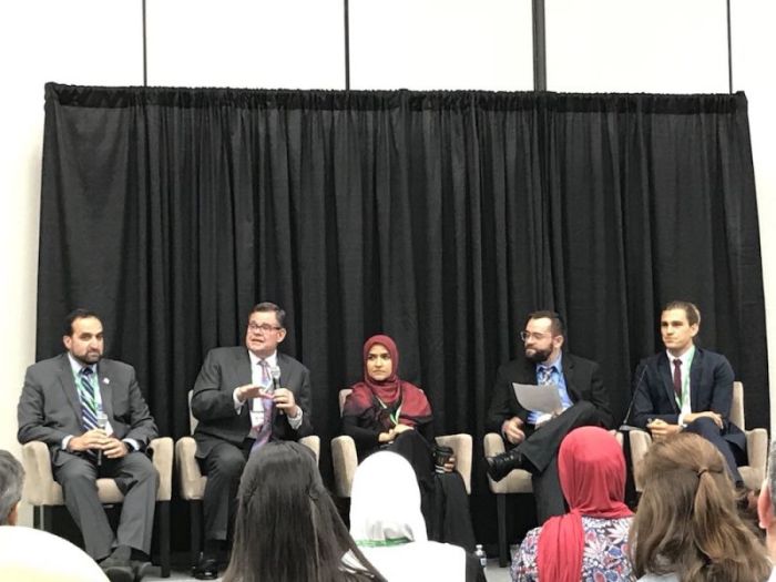 (From L to R) Anwar Khan, Pastor Bob Roberts Jr., Dalia Mogahed, Kevin Singer, Chris Stackaruk