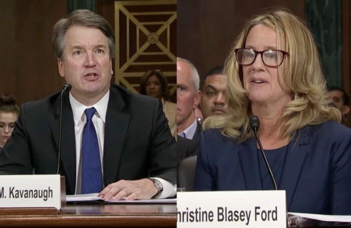 Brett Kavanaugh (L), Chrstine Blasey Ford (R) separately testify before the Senate Judiciary Committee, Sept. 28, 2018.