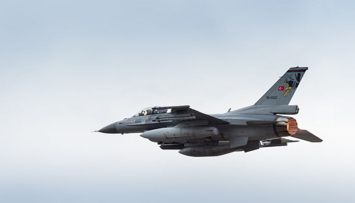 A Turkish F-16 fighter jet flying over Albacete Air Force Base, Spain during Trident Juncture 15 on October 21, 2015.