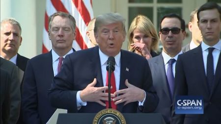 Donald Trump speaking at the White House at a press hearing on October 1, 2018.