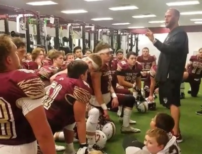 Pastor Russell Davis speaks to the Dawson County High School football team in Georgia in a video posted to Facebook on Sept. 7, 2018.