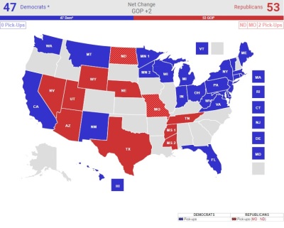 A Senate election prediction map by RealClearPolitics, accessed Monday, Oct. 22, 2018.