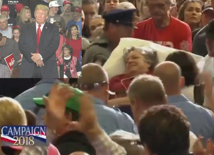 President Donald Trump (inset) waits patiently for a woman to be treated after she collapsed at a rally in Cape Girardeau, Missouri, on Monday November 5, 2018.