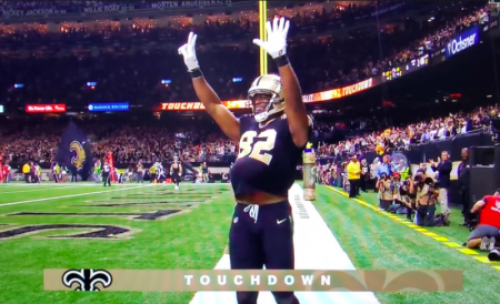 New Orleans Saints tight end Benjamin Watson at the end zone announcing his wife is pregnant, Nov 4 2018